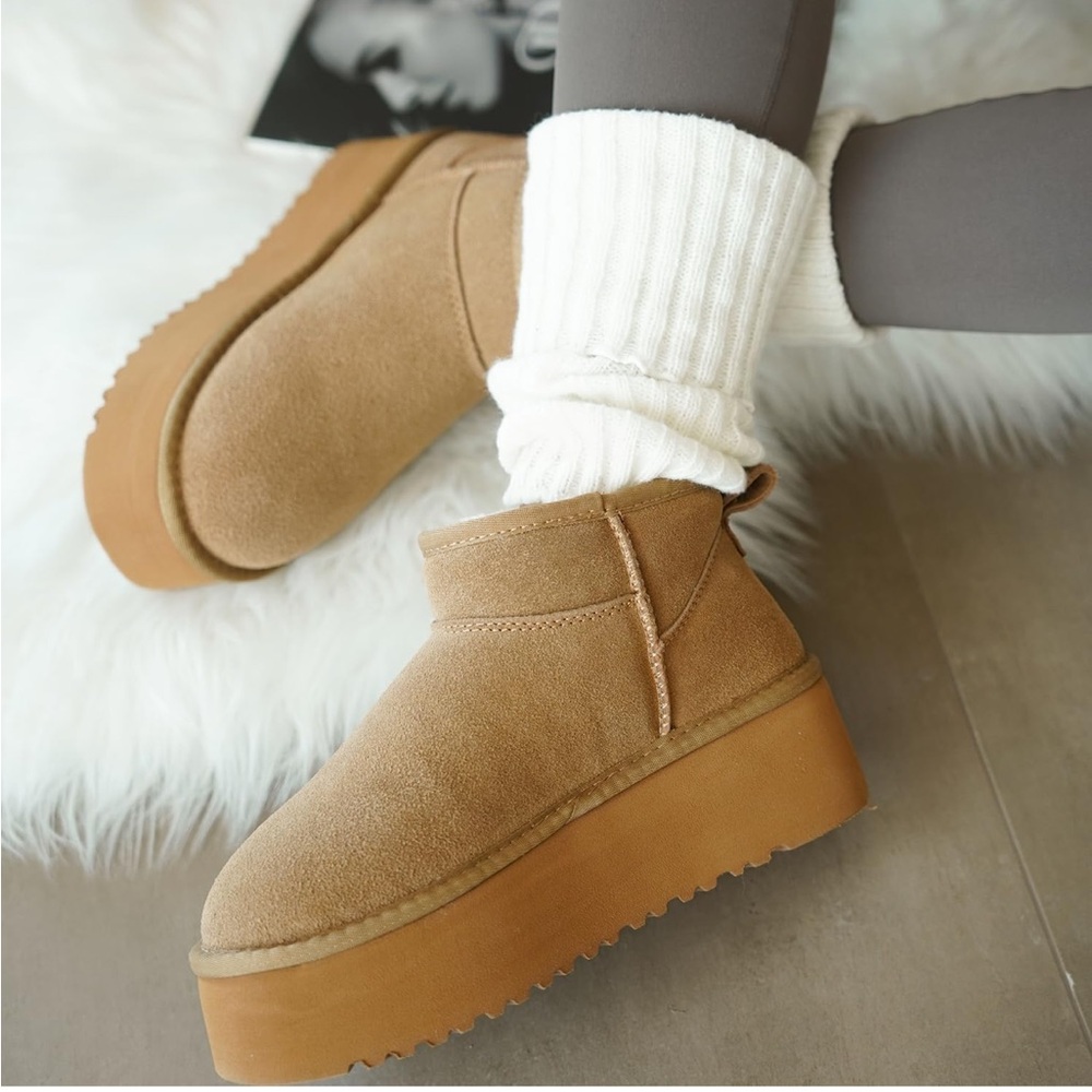 Chestnut Suede Leather Fur Platform  Winter Ankle Boot — UGG Style — NIB — 6